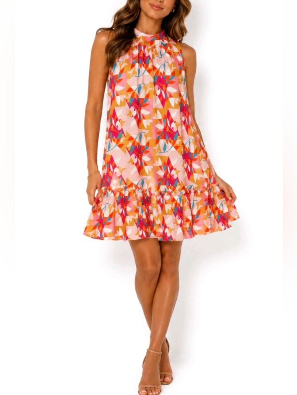 Sam Edelman Party Swing Dress Pink Floral Ruffle Halter Size S